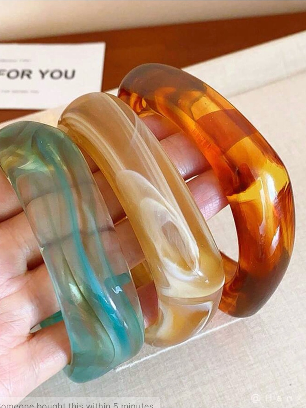 Resin Marbled Bangle Bracelet - Set of 3 (Teal, Cream, Amber)